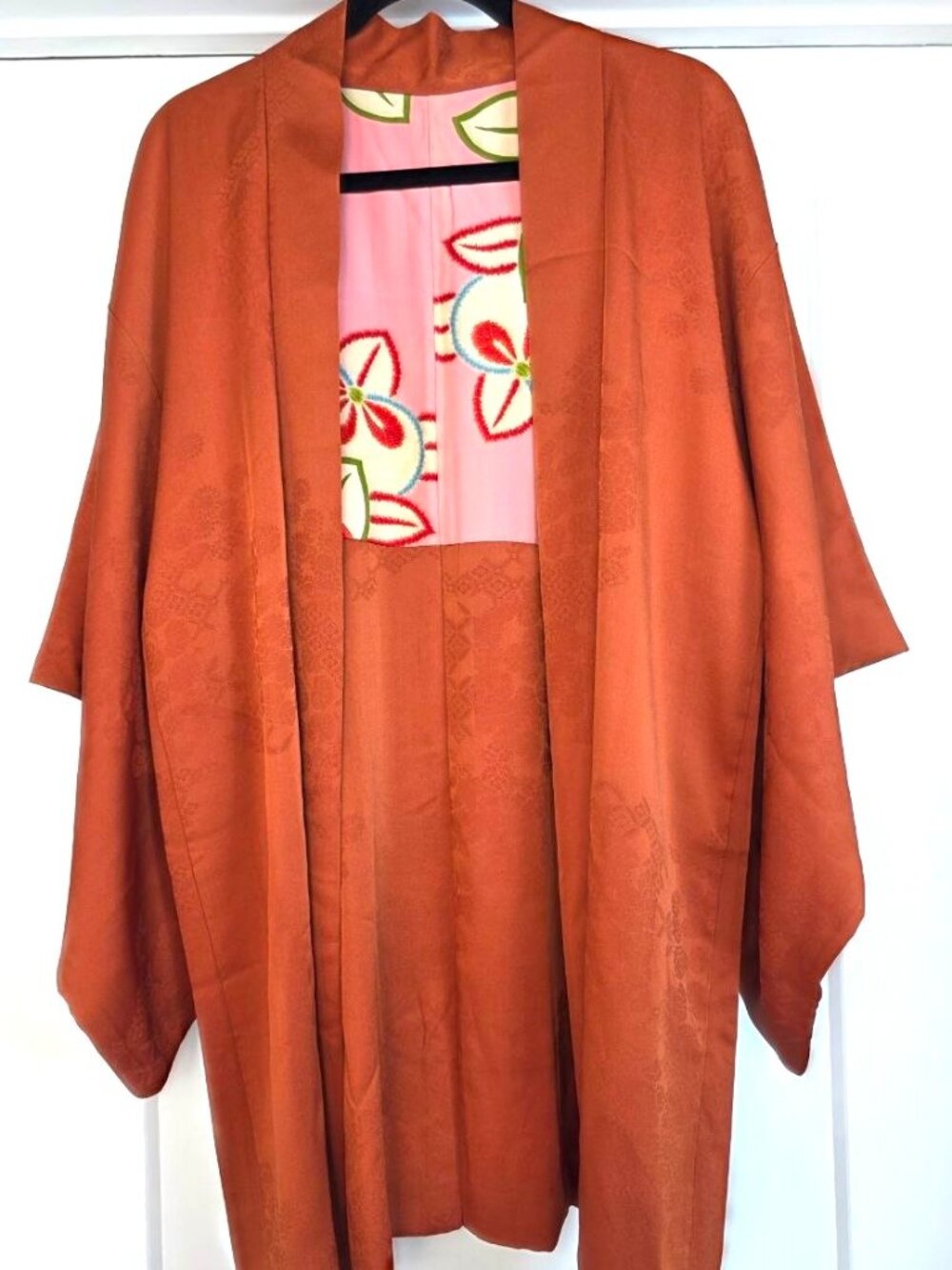 Vintage Japanese Silk Haori Kimono Jacket Rust Orange Silk Floral Jacquard Silk